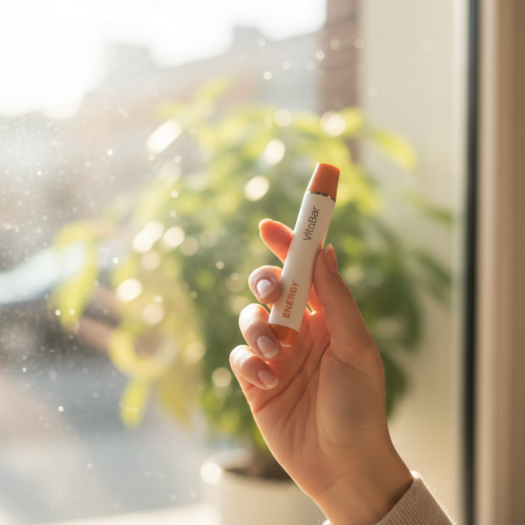Close-up of a woman's hand holding the orange VitaBar ENERGY inhaler against a b