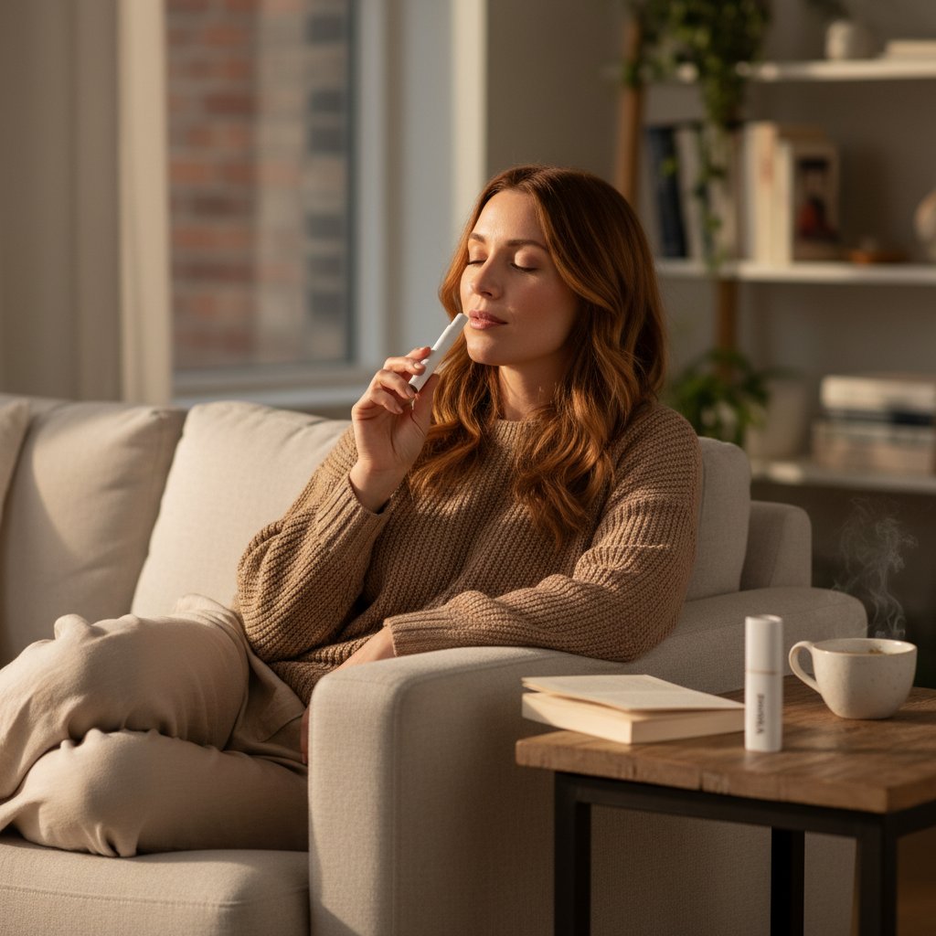 Woman relaxing on a couch in soft evening light, VitaBar ENERGY on the side tabl